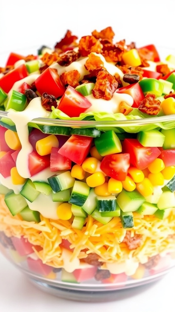 A clear glass bowl filled with a colorful seven layer salad featuring lettuce, tomatoes, cucumbers, bell peppers, corn, green onions, cheese, and bacon, topped with creamy dressing.